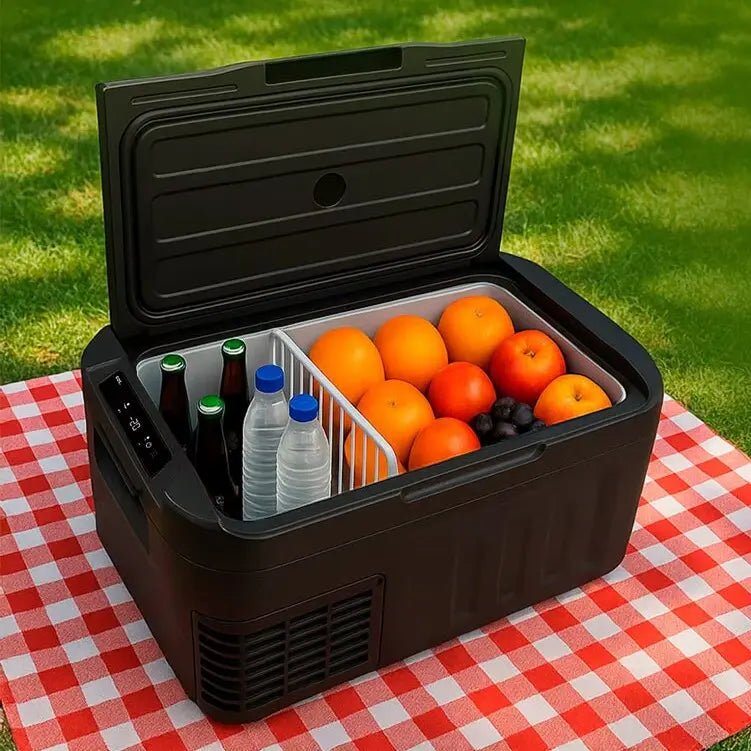 Freezer e Geladeira Portátil EOS 20L Dupla Ação Quadrivolt com Compressor – Funciona em Tomadas e Veículos, Refrigeração até -20°C, Display Digital, Modo ECO, Iluminação LED, Memória de Configuração e Proteção de Bateria - Funciona em casa ou no carro Cam