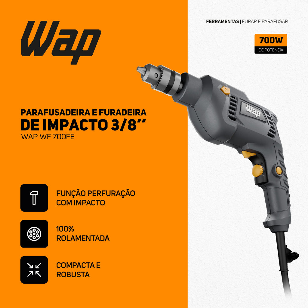 Furadeira Parafusadeira de Impacto Wap 3/8" Wf 700fe 700W
