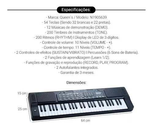 Teclado Musical Para Iniciantes Queens 54 Teclas 12 Musicas