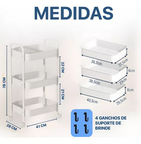 Carrinho Organizador Gala Em Metal 3 Divisórias Com Rodas
