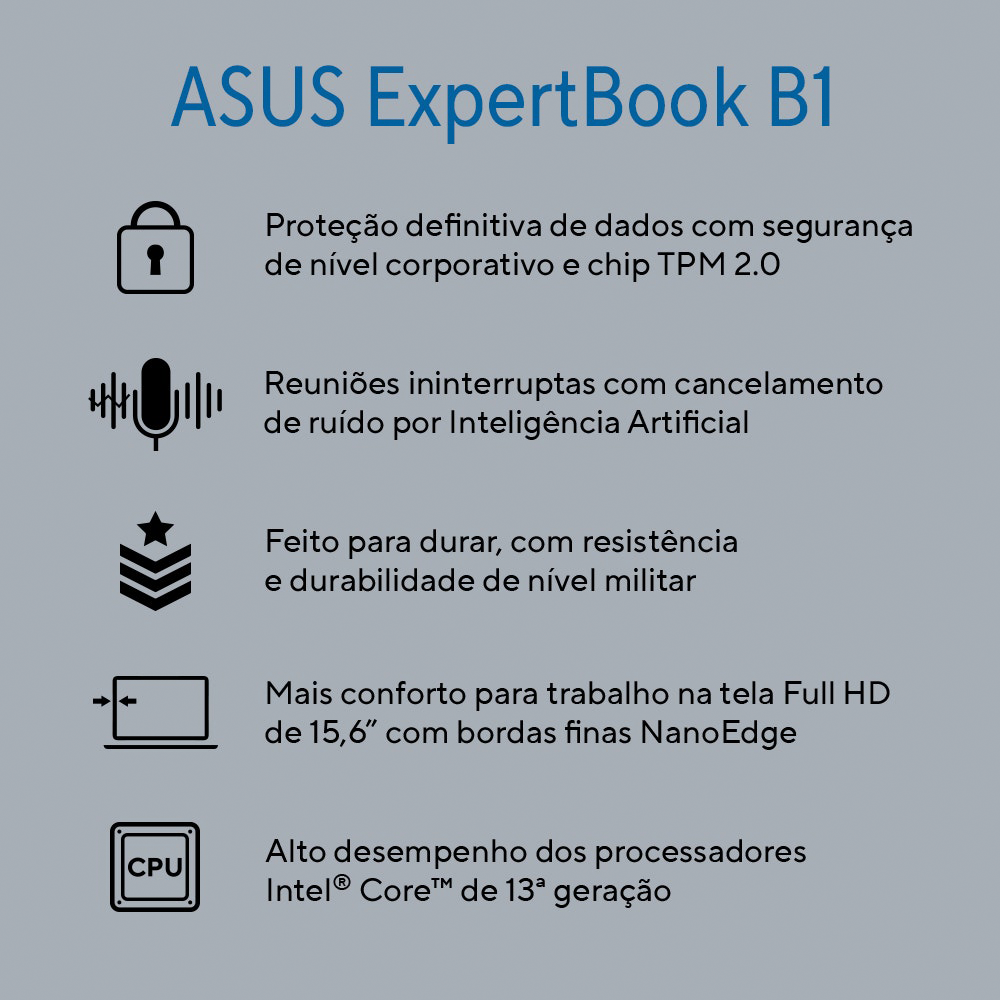 Notebook Asus Expertbook B1 Intel I3 8GB 256GB WinPro11 Tela 16,5”
