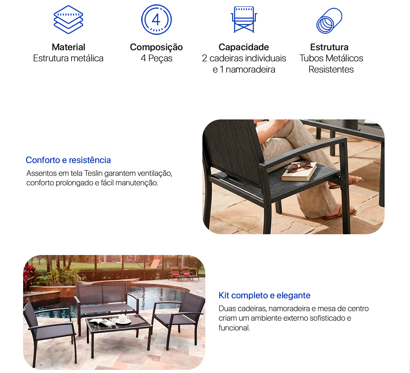 Conjunto Terraço Relax 4 Peças Estrutura Aço Área Externa