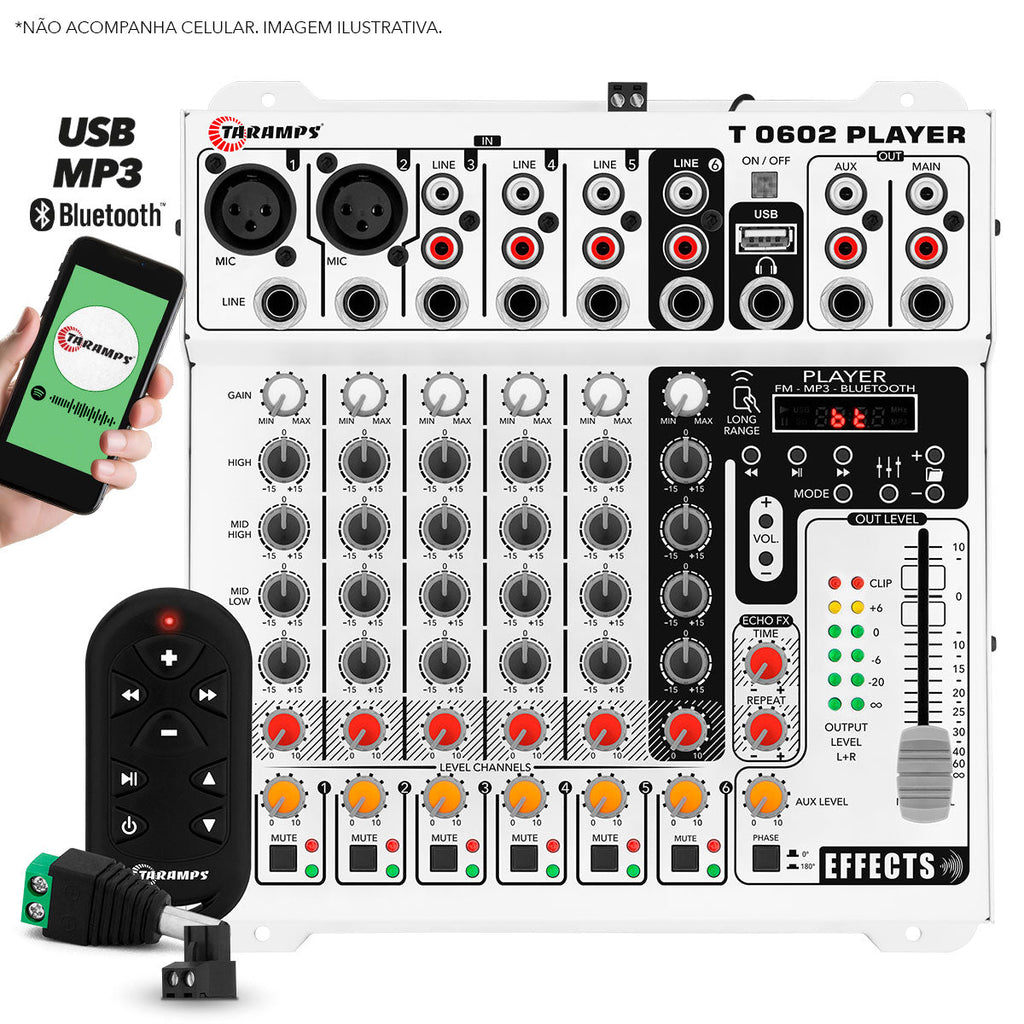 Mesa de Som Taramps T 0602 Player 6 Canais com Efeito Echo FX
